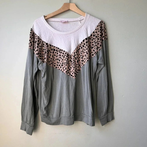 Pink Lily Womens Colorblock Leopard Print Long Sleeve Casual‎ Top L - Picture 1 of 2